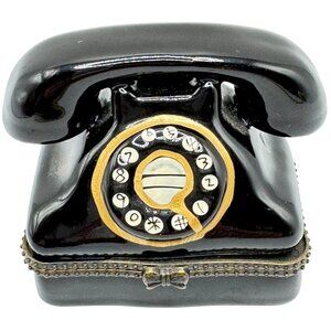 Vtg Darice Hand-Painted Ceramic Rotary Telephone Trinket Box Hinged Lid & Bow